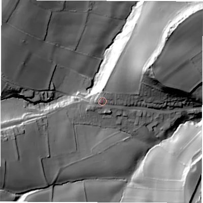 Shaded relief map of the ground around S359ZB, computed from Environment Agency LiDAR. The ground here sits at about 112 m above sea level and falls 49 m across the surrounding 800 m. Surface water reaching this point runs off ground lying to the north-north-east, 2.7 m higher.