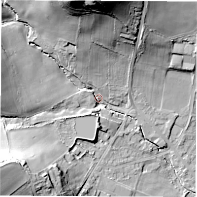 Shaded relief map of the ground around S359ZD, computed from Environment Agency LiDAR. The ground here sits at about 67 m above sea level and falls 53 m across the surrounding 800 m. Surface water reaching this point runs off ground lying to the north-north-west, 46.4 m higher.
