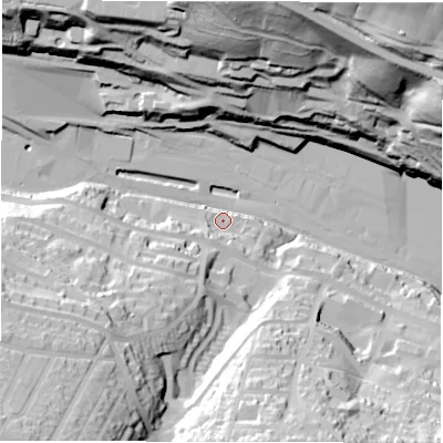 Shaded relief map of the ground around S361AJ, computed from Environment Agency LiDAR. The ground here sits at about 159 m above sea level and falls 81 m across the surrounding 800 m. Surface water reaching this point runs off ground lying to the south-west, 63.8 m higher.