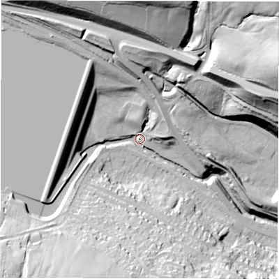 Shaded relief map of the ground around S361AQ, computed from Environment Agency LiDAR. The ground here sits at about 166 m above sea level and falls 71 m across the surrounding 800 m. Surface water reaching this point runs off ground lying to the south-west, 55.0 m higher.