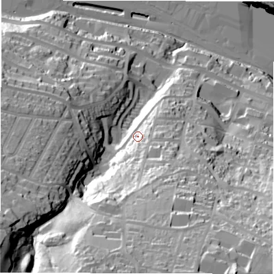 Shaded relief map of the ground around S361AX, computed from Environment Agency LiDAR. The ground here sits at about 185 m above sea level and falls 86 m across the surrounding 800 m. Surface water reaching this point runs off ground lying to the south-south-east, 13.6 m higher.