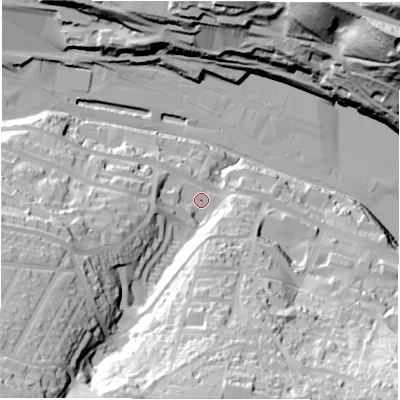 Shaded relief map of the ground around S361DP, computed from Environment Agency LiDAR. The ground here sits at about 163 m above sea level and falls 76 m across the surrounding 800 m. Surface water reaching this point runs off ground lying to the south-west, 59.7 m higher.