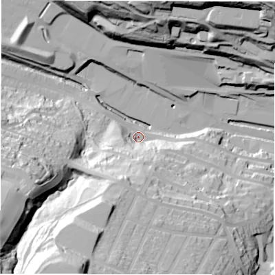 Shaded relief map of the ground around S361DQ, computed from Environment Agency LiDAR. The ground here sits at about 162 m above sea level and falls 85 m across the surrounding 800 m. Surface water reaching this point runs off ground lying to the south-south-west, 40.3 m higher.