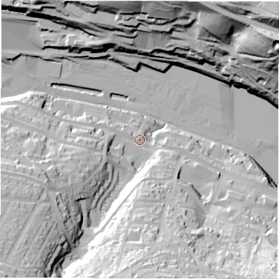 Shaded relief map of the ground around S361DY, computed from Environment Agency LiDAR. The ground here sits at about 161 m above sea level and falls 78 m across the surrounding 800 m. Surface water reaching this point runs off ground lying to the south-west, 55.1 m higher.