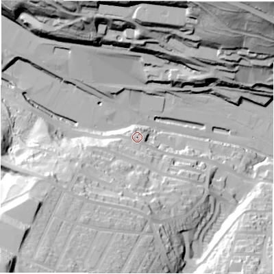 Shaded relief map of the ground around S361DZ, computed from Environment Agency LiDAR. The ground here sits at about 167 m above sea level and falls 85 m across the surrounding 800 m. Surface water reaching this point runs off ground lying to the south-south-west, 29.1 m higher.