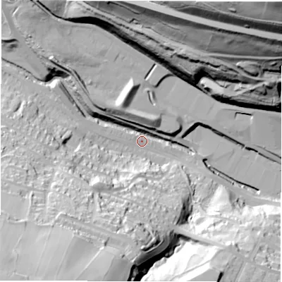 Shaded relief map of the ground around S361EA, computed from Environment Agency LiDAR. The ground here sits at about 162 m above sea level and falls 106 m across the surrounding 800 m. Surface water reaching this point runs off ground lying to the south-west, 72.9 m higher.
