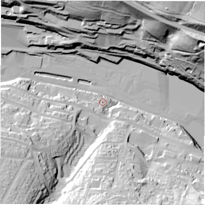 Shaded relief map of the ground around S361EQ, computed from Environment Agency LiDAR. The ground here sits at about 159 m above sea level and falls 84 m across the surrounding 800 m. Surface water reaching this point runs off ground lying to the south-west, 60.4 m higher.
