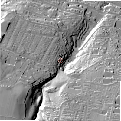 Shaded relief map of the ground around S361FZ, computed from Environment Agency LiDAR. The ground here sits at about 200 m above sea level and falls 105 m across the surrounding 800 m. Surface water reaching this point runs off ground lying to the south-west, 32.3 m higher.