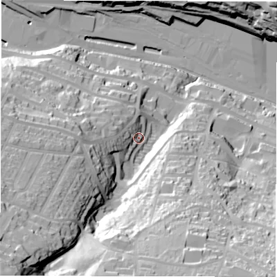 Shaded relief map of the ground around S361LN, computed from Environment Agency LiDAR. The ground here sits at about 174 m above sea level and falls 87 m across the surrounding 800 m. Surface water reaching this point runs off ground lying to the south-west, 43.2 m higher.