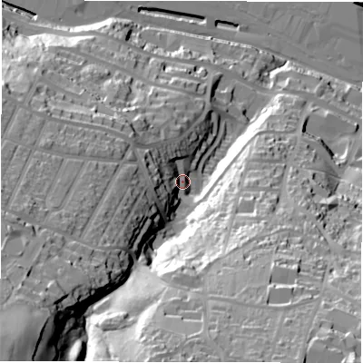 Shaded relief map of the ground around S361LQ, computed from Environment Agency LiDAR. The ground here sits at about 182 m above sea level and falls 98 m across the surrounding 800 m. Surface water reaching this point runs off ground lying to the west-south-west, 35.2 m higher.