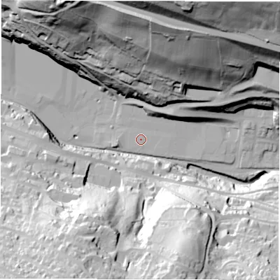 Shaded relief map of the ground around S362AB, computed from Environment Agency LiDAR. The ground here sits at about 150 m above sea level and falls 90 m across the surrounding 800 m. The ground contributing surface water to this point lies to the south.