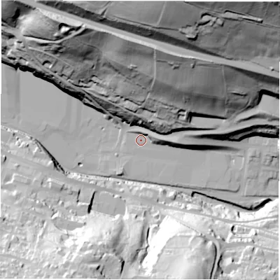 Shaded relief map of the ground around S362AE, computed from Environment Agency LiDAR. The ground here sits at about 150 m above sea level and falls 113 m across the surrounding 800 m. Surface water reaching this point runs off ground lying to the east, 9.6 m higher.