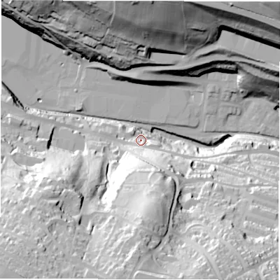 Shaded relief map of the ground around S362DS, computed from Environment Agency LiDAR. The ground here sits at about 157 m above sea level and falls 86 m across the surrounding 800 m. Surface water reaching this point runs off ground lying to the south, 65.2 m higher.
