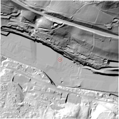 Shaded relief map of the ground around S362JA, computed from Environment Agency LiDAR. The ground here sits at about 151 m above sea level and falls 128 m across the surrounding 800 m. Surface water reaching this point runs off ground lying to the south-west, 58.8 m higher.