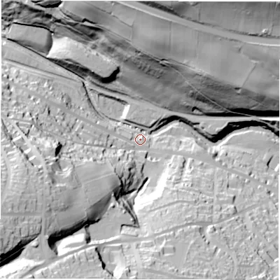Shaded relief map of the ground around S362RE, computed from Environment Agency LiDAR. The ground here sits at about 144 m above sea level and falls 83 m across the surrounding 800 m. Surface water reaching this point runs off ground lying to the west-south-west, 71.7 m higher.