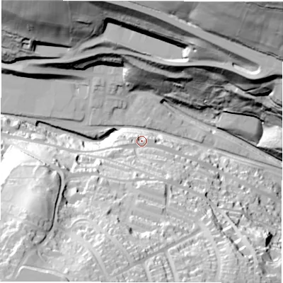 Shaded relief map of the ground around S362RH, computed from Environment Agency LiDAR. The ground here sits at about 159 m above sea level and falls 96 m across the surrounding 800 m. Surface water reaching this point runs off ground lying to the south-south-west, 65.0 m higher.