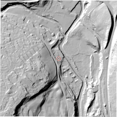 Shaded relief map of the ground around S362RJ, computed from Environment Agency LiDAR. The ground here sits at about 135 m above sea level and falls 94 m across the surrounding 800 m. Surface water reaching this point runs off ground lying to the south-west, 79.1 m higher.