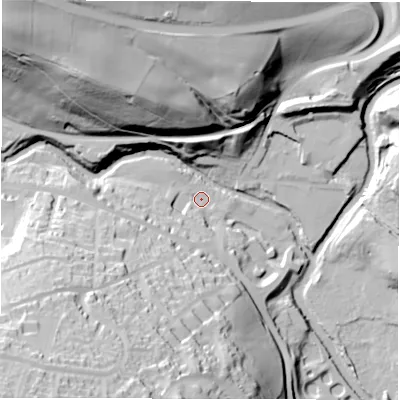 Shaded relief map of the ground around S362RN, computed from Environment Agency LiDAR. The ground here sits at about 134 m above sea level and falls 74 m across the surrounding 800 m. Surface water reaching this point runs off ground lying to the south-west, 67.4 m higher.