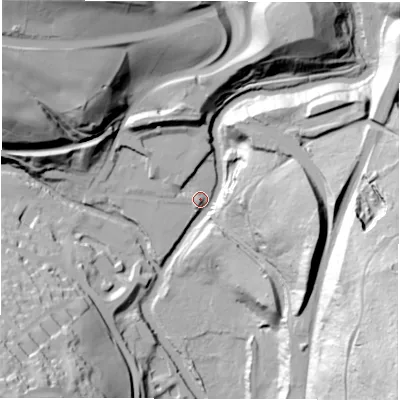 Shaded relief map of the ground around S362SQ, computed from Environment Agency LiDAR. The ground here sits at about 135 m above sea level and falls 77 m across the surrounding 800 m. Surface water reaching this point runs off ground lying to the east-south-east, 67.1 m higher.