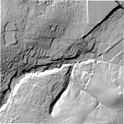 Shaded relief map of the ground around S366BE, computed from Environment Agency LiDAR. The ground here sits at about 214 m above sea level and falls 36 m across the surrounding 800 m. Surface water reaching this point runs off ground lying to the south-west, 33.3 m higher.