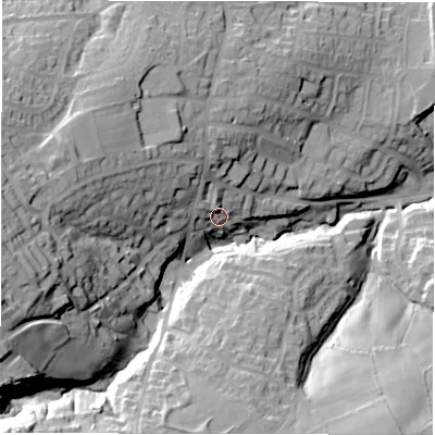 Shaded relief map of the ground around S366BL, computed from Environment Agency LiDAR. The ground here sits at about 225 m above sea level and falls 50 m across the surrounding 800 m. Surface water reaching this point runs off ground lying to the north-north-west, 11.7 m higher.