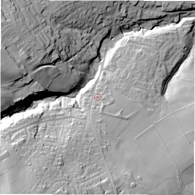 Shaded relief map of the ground around S366DE, computed from Environment Agency LiDAR. The ground here sits at about 240 m above sea level and falls 68 m across the surrounding 800 m. Surface water reaching this point runs off ground lying to the south, 13.4 m higher.