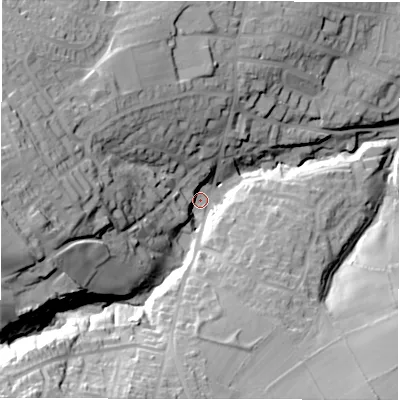 Shaded relief map of the ground around S366DQ, computed from Environment Agency LiDAR. The ground here sits at about 222 m above sea level and falls 54 m across the surrounding 800 m. Surface water reaching this point runs off ground lying to the south-west, 43.2 m higher.