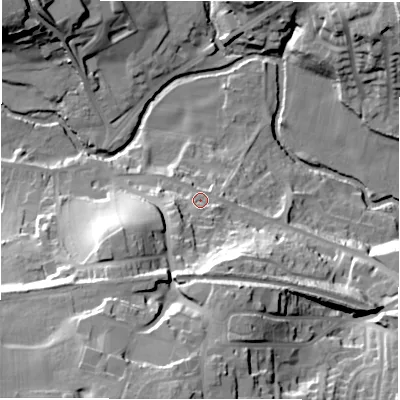 Shaded relief map of the ground around S366ET, computed from Environment Agency LiDAR. The ground here sits at about 202 m above sea level and falls 43 m across the surrounding 800 m. Surface water reaching this point runs off ground lying to the south, 20.2 m higher.