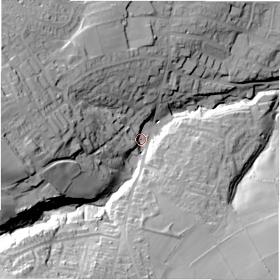 Shaded relief map of the ground around S366GQ, computed from Environment Agency LiDAR. The ground here sits at about 223 m above sea level and falls 56 m across the surrounding 800 m. Surface water reaching this point runs off ground lying to the south-west, 44.7 m higher.