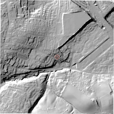 Shaded relief map of the ground around S366LR, computed from Environment Agency LiDAR. The ground here sits at about 217 m above sea level and falls 32 m across the surrounding 800 m. Surface water reaching this point runs off ground lying to the west-north-west, 20.8 m higher.