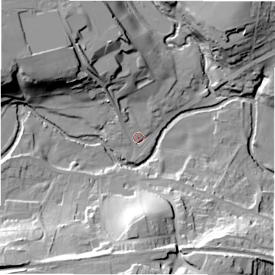 Shaded relief map of the ground around S367AD, computed from Environment Agency LiDAR. The ground here sits at about 196 m above sea level and falls 40 m across the surrounding 800 m. Surface water reaching this point runs off ground lying to the north-west, 3.3 m higher.