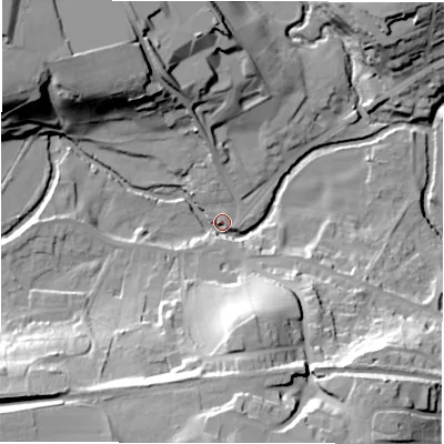 Shaded relief map of the ground around S367AH, computed from Environment Agency LiDAR. The ground here sits at about 196 m above sea level and falls 45 m across the surrounding 800 m. Surface water reaching this point runs off ground lying to the south-west, 42.1 m higher.