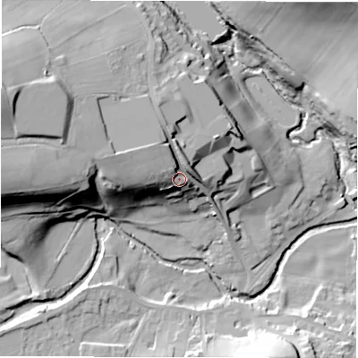 Shaded relief map of the ground around S367BU, computed from Environment Agency LiDAR. The ground here sits at about 212 m above sea level and falls 38 m across the surrounding 800 m. Surface water reaching this point runs off ground lying to the north-west, 9.0 m higher.