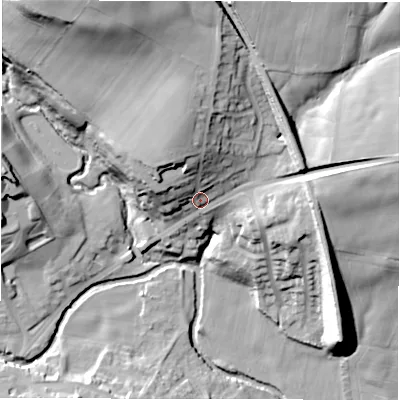 Shaded relief map of the ground around S368AD, computed from Environment Agency LiDAR. The ground here sits at about 205 m above sea level and falls 39 m across the surrounding 800 m. Surface water reaching this point runs off ground lying to the north-north-west, 25.1 m higher.