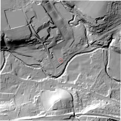 Shaded relief map of the ground around S368AH, computed from Environment Agency LiDAR. The ground here sits at about 196 m above sea level and falls 38 m across the surrounding 800 m. Surface water reaching this point runs off ground lying to the north-west, 19.3 m higher.