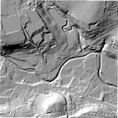 Shaded relief map of the ground around S368AJ, computed from Environment Agency LiDAR. The ground here sits at about 196 m above sea level and falls 32 m across the surrounding 800 m. Surface water reaching this point runs off ground lying to the north-north-west, 5.4 m higher.