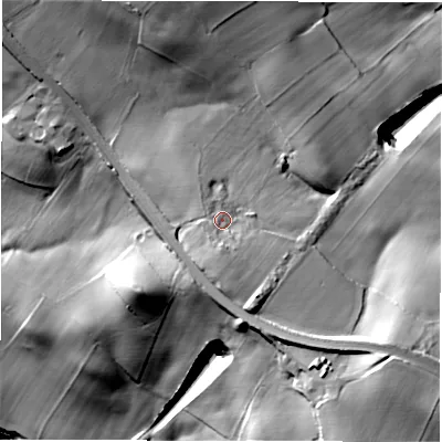 Shaded relief map of the ground around S368YL, computed from Environment Agency LiDAR. The ground here sits at about 234 m above sea level and falls 53 m across the surrounding 800 m. Surface water reaching this point runs off ground lying to the south, 3.2 m higher.