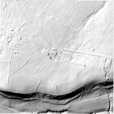 Shaded relief map of the ground around S368YR, computed from Environment Agency LiDAR. The ground here sits at about 281 m above sea level and falls 61 m across the surrounding 800 m. Surface water reaching this point runs off ground lying to the west-south-west, 30.0 m higher.