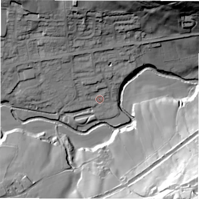 Shaded relief map of the ground around S369AN, computed from Environment Agency LiDAR. The ground here sits at about 219 m above sea level and falls 71 m across the surrounding 800 m. Surface water reaching this point runs off ground lying to the north-west, 11.8 m higher.