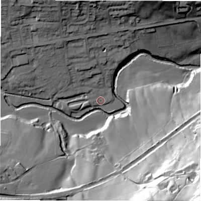 Shaded relief map of the ground around S369AR, computed from Environment Agency LiDAR. The ground here sits at about 217 m above sea level and falls 92 m across the surrounding 800 m. Surface water reaching this point runs off ground lying to the west-north-west, 3.6 m higher.