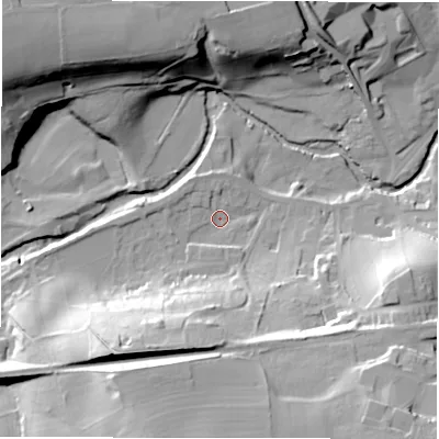 Shaded relief map of the ground around S369EG, computed from Environment Agency LiDAR. The ground here sits at about 199 m above sea level and falls 49 m across the surrounding 800 m. Surface water reaching this point runs off ground lying to the south-west, 35.3 m higher.