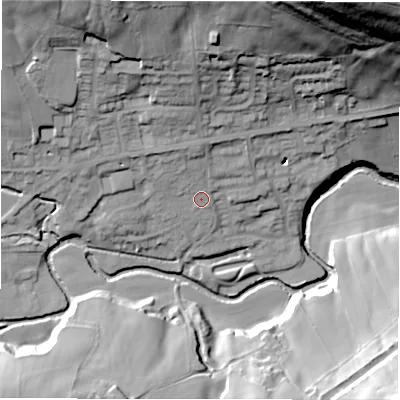 Shaded relief map of the ground around S369NB, computed from Environment Agency LiDAR. The ground here sits at about 224 m above sea level and falls 70 m across the surrounding 800 m. Surface water reaching this point runs off ground lying to the north, 6.2 m higher.