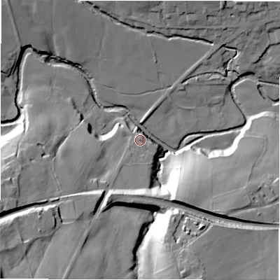 Shaded relief map of the ground around S369NS, computed from Environment Agency LiDAR. The ground here sits at about 229 m above sea level and falls 48 m across the surrounding 800 m. Surface water reaching this point runs off ground lying to the south-west, 8.0 m higher.