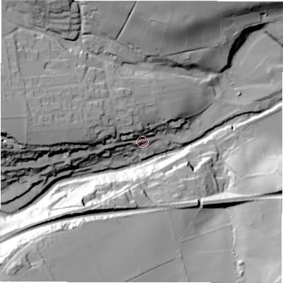 Shaded relief map of the ground around S369PT, computed from Environment Agency LiDAR. The ground here sits at about 210 m above sea level and falls 63 m across the surrounding 800 m. Surface water reaching this point runs off ground lying to the north-west, 15.0 m higher.