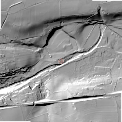 Shaded relief map of the ground around S369PZ, computed from Environment Agency LiDAR. The ground here sits at about 200 m above sea level and falls 47 m across the surrounding 800 m. Surface water reaching this point runs off ground lying to the south-west, 30.7 m higher.