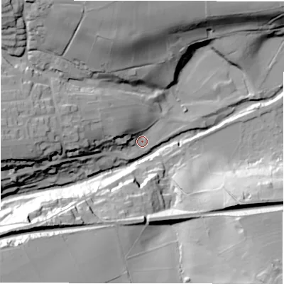 Shaded relief map of the ground around S369QE, computed from Environment Agency LiDAR. The ground here sits at about 203 m above sea level and falls 54 m across the surrounding 800 m. Surface water reaching this point runs off ground lying to the west-north-west, 15.0 m higher.