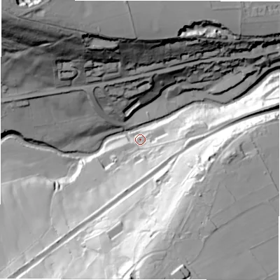 Shaded relief map of the ground around S369QP, computed from Environment Agency LiDAR. The ground here sits at about 214 m above sea level and falls 88 m across the surrounding 800 m. Surface water reaching this point runs off ground lying to the south-south-east, 23.7 m higher.