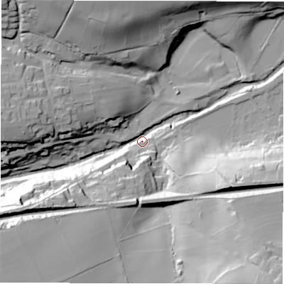 Shaded relief map of the ground around S369QQ, computed from Environment Agency LiDAR. The ground here sits at about 206 m above sea level and falls 55 m across the surrounding 800 m. Surface water reaching this point runs off ground lying to the west-south-west, 38.3 m higher.