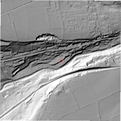 Shaded relief map of the ground around S369QU, computed from Environment Agency LiDAR. The ground here sits at about 212 m above sea level and falls 74 m across the surrounding 800 m. Surface water reaching this point runs off ground lying to the west-north-west, 44.5 m higher.
