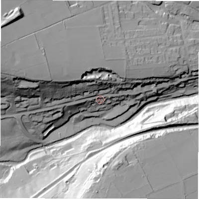 Shaded relief map of the ground around S369QX, computed from Environment Agency LiDAR. The ground here sits at about 221 m above sea level and falls 70 m across the surrounding 800 m. Surface water reaching this point runs off ground lying to the west-north-west, 32.1 m higher.